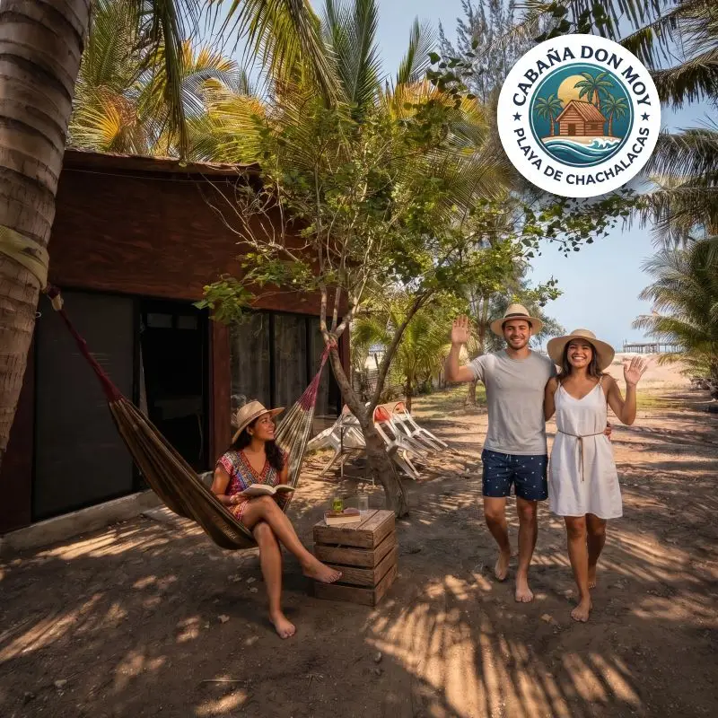 Pareja saludando y mujer relajándose en una hamaca en el exterior de la Cabaña Don Moy, rodeada de palmeras en Playa de Chachalacas.