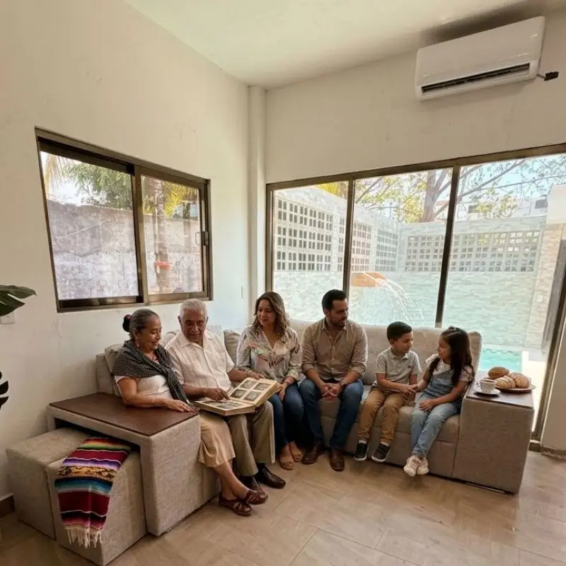 Familia reunida en la sala de estar de Casa de Playa Los Jarochos en Chachalacas